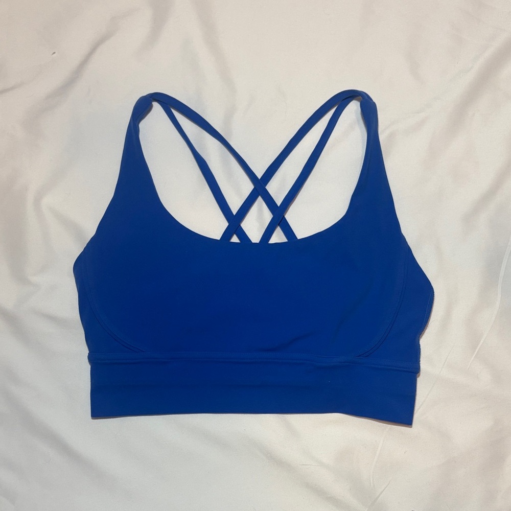 Curved Princess Seam Contour Bust Strappy Cross Over Back Royal Blue Sports Bra
